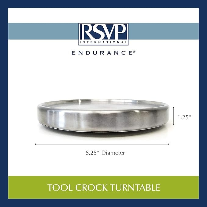 RSVP International Endurance Tool Crock Turntable Lazy Susan, Stainless Steel, 8.25" | Organize Spices & Small Bottles | Spins Easy | Handy in Cabinets or on Counters