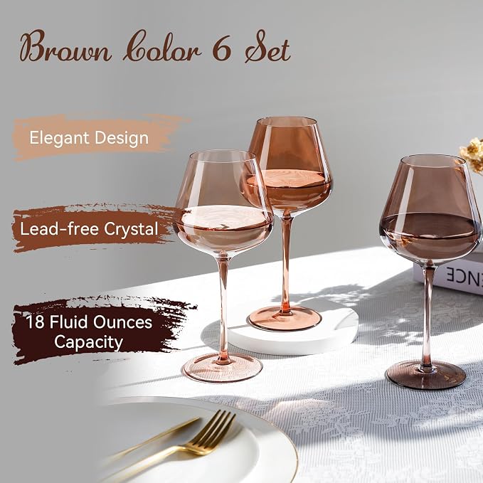 Physkoa Venus Wine Glasses Set of 6-18oz Hand Blown Amber Wine Glass with Stem, Unique Melanin Colored Wine Glasses, Mocha Mousse-Inspired Colors Glassware for Home Decor & Gifts