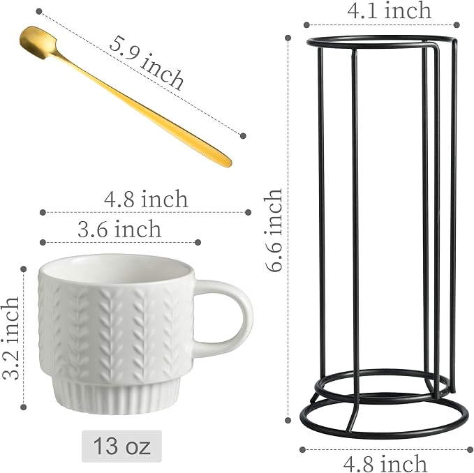 Miamolo Stackable Coffee Mugs Set of 4 with Spoons & Stand | 13oz, Ceramic, for Drinks Espresso Latte Cappuccino Tea, for Housewarming Birthday Gift, Dishwasher Safe, Farmhouse Style