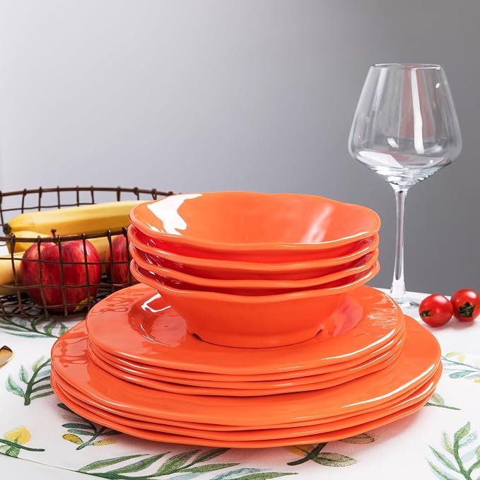 LEHAHA Orange Melamine Dinnerware Set, 12 Piece Kitchen Tableware Plates Bowls Dishes Set, Lightweight Unbreakable Dinnerware Set for 4, Dishwasher Safe and BPA free