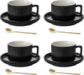 8 Ounce Cappuccino Cups Set of 4, Latte Mugs with Saucers and Spoons, Black Ceramic Coffee Mugs Tea Cups for Cappuccino Latte Mocha Au Lait Macchiato Cafe