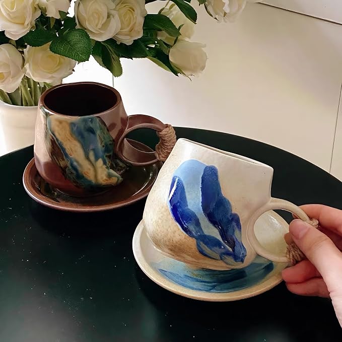 Little handmade ceramic pottery tea cup with saucer, espresso cup | Japanese style, 8 oz stoneware demitasse cup for lungo,cortado,Matcha, Americano