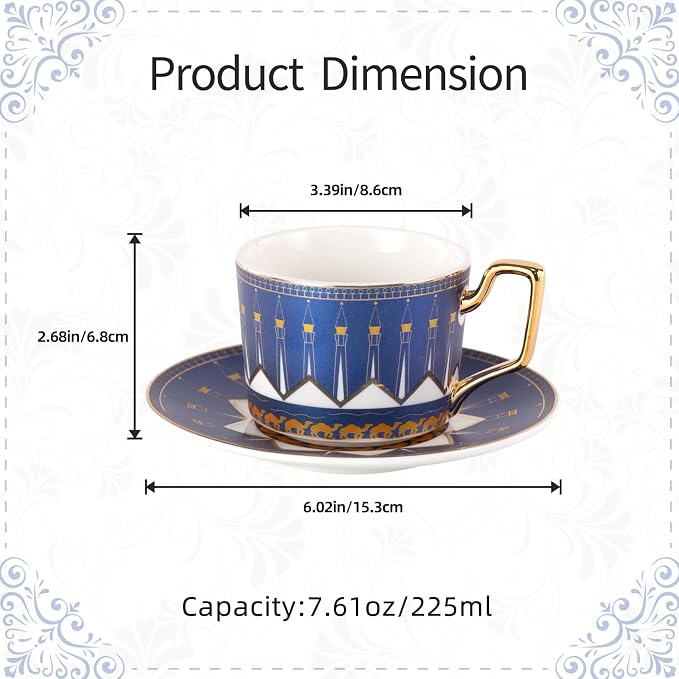KAMMAK Tea Cups and Saucers Set of 2, Porcelain Coffee Cups, Stackable Espresso Mugs, Ceramic Demitasse for Coffee, Latte, Americano, Tea, Lighthouse of Alexandria