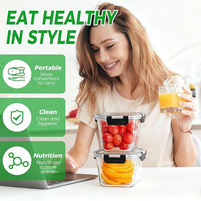 4 Pack 27oz Glass Food Storage Containers with Lids and 4 Pack 32OZ Glass Meal Prep Containers Microwave, Oven, Freezer and Dishwasher, BPA Free