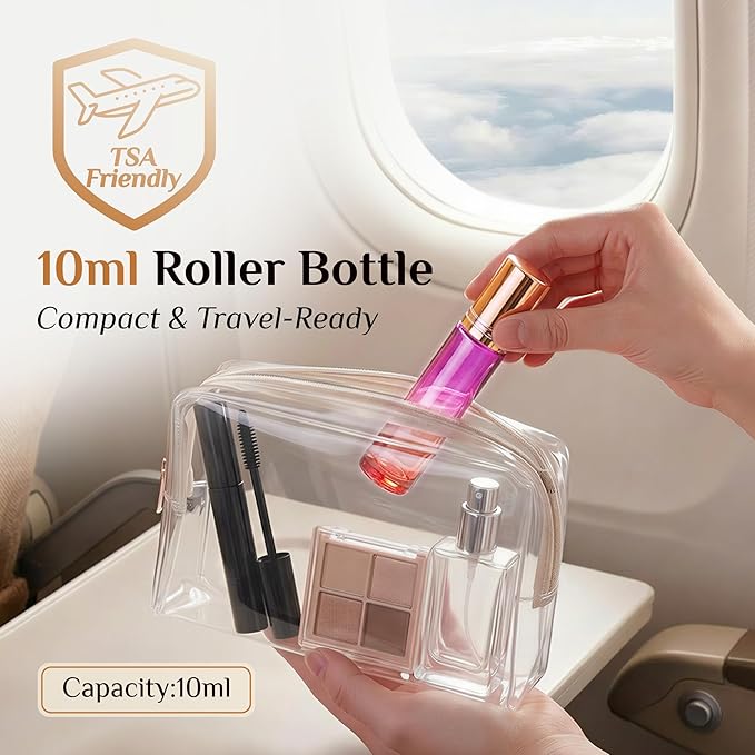 PrettyCare 12 Pack, 10 ml Essential Oil Roller Bottles with Stainless Steel Roller Ball - Refillable Leak-proof Empty Thick Red & Purple Glass Roll on Bottles with Golden Caps for Travel, Perfume