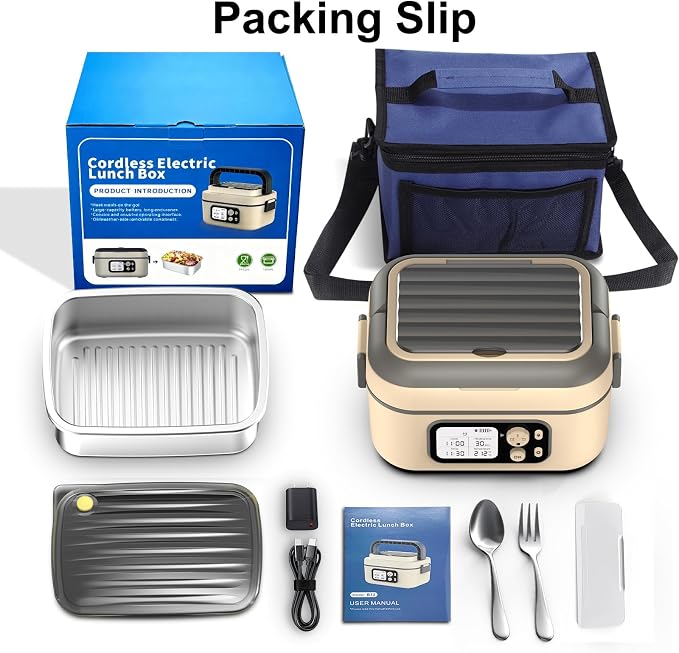 Cordless Electric Heated Lunch Box for Adults, XL 6.3-Cups Rechargeable Battery Powered Smart Self Heating Lunchbox for Men Women, 100W Food Warmer for Trucks Driver Travel Office Worker