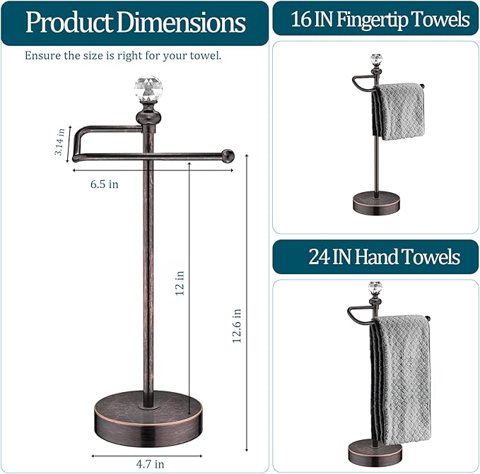 ROLABAM Heavy Weighted Hand Towel Holder(with Crystal Ball) Standing Hand Towel Holder Total Height 15.7'' for Kitchen,Bathroom,Vanity,Classic Decorative Metal Hand Towel Stand,Oil Rubbed Bronze