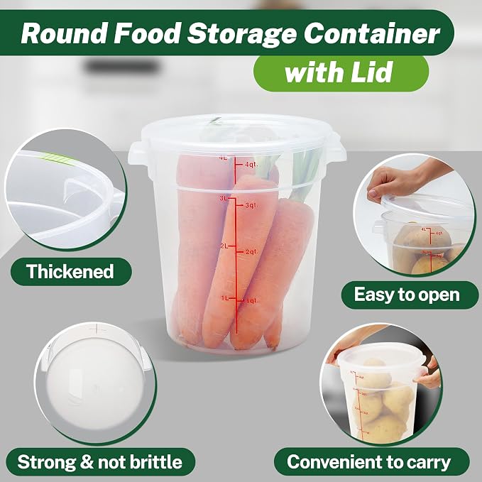 4 Pack 4Qt Round Polypropylene Food Storage Container with Lids Scale | Translucent containers with lids, easy-read scale, labels and measuring cups; stackable for prep, storage and freezer use.