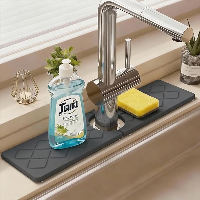 Faucet Mat for Kitchen Sink, Diatomite Stone Sink Tray, Faucet Splash Guard, Quick Dry Water Absorbing Non-Slip Stone Tray, Fits Most Faucets, Pet Bowl Mat, Vase Holder, Cleaning Supplies, Matte black