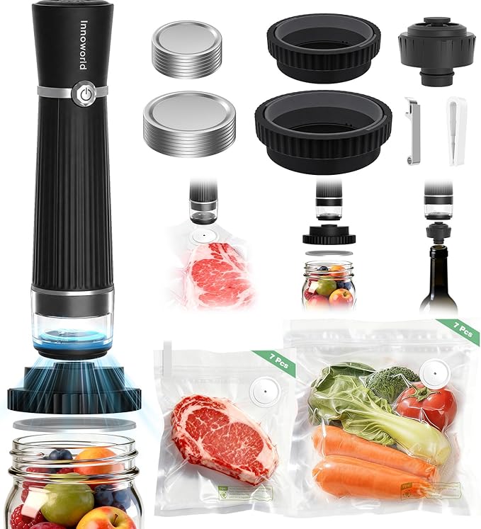 3-in-1 Vacuum Sealer for Food Compatible with Vacuum Bag, Mason Jar, Wine Bottle, Handheld Saver Compact Vacuum Sealer Machine (Vacuum Sealer(Black)+Bags+Mason Jar Lids+Stopper)