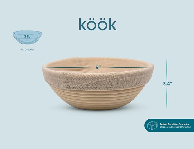 Kook Banneton Bread Proofing Set, Artisan Sourdough Bread Making Kit, 9 Inch Handwoven Rattan Baskets and Liners, Metal & Plastic Dough Scrapers, Scoring Lame & Case, 4 Extra Blades, Set of 2, Round