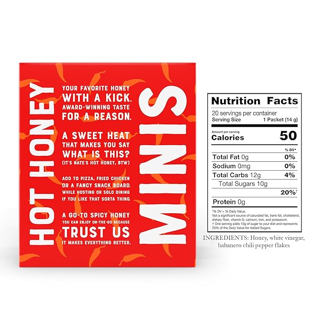 Nate's Bulk 400ct Hot Honey Minis - Single-Serve 100% Pure Honey Infused with Habanero Chili Pepper – 0.49oz Packets, 400ct box