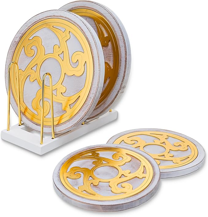 Trivets for Hot Dishes - Set of 4 with Holder | White Washed Wood & Gold Trivet Set | Boho Kitchen Trivet for Hot Pans, Perfect Housewarming Gift