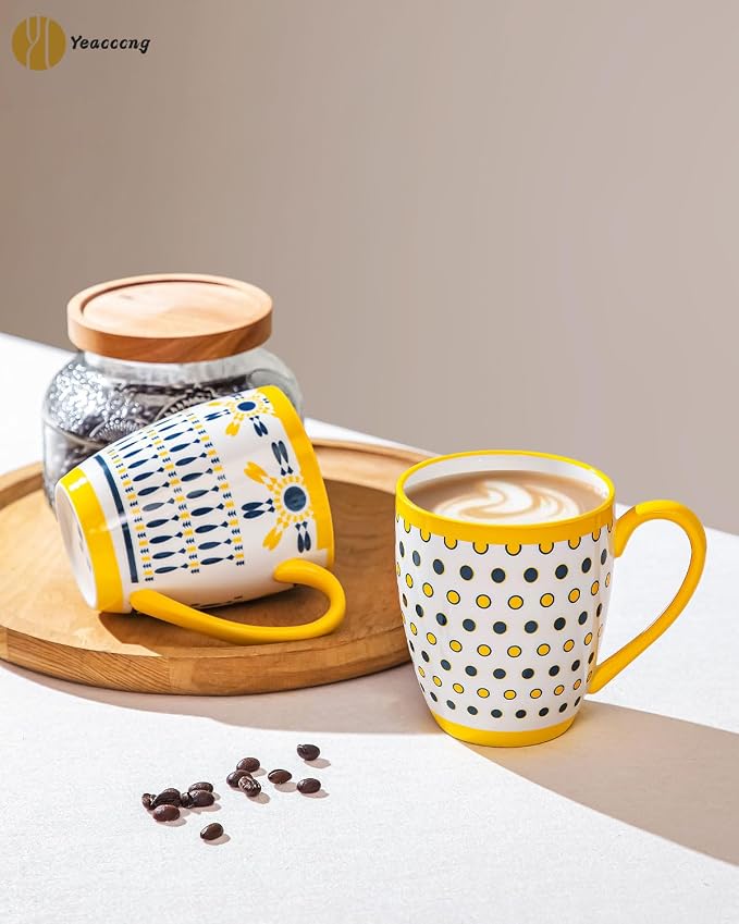 Yeacccng Bohemian Coffee Mugs Set of 6, 15 Oz Ceramic Latte Cappuccino Cups with Yellow Handle, Non-Slip Grip Sturdy Base, Dishwasher Microwave Oven Safe, Scratch-Resistant Boho Tea Mugs