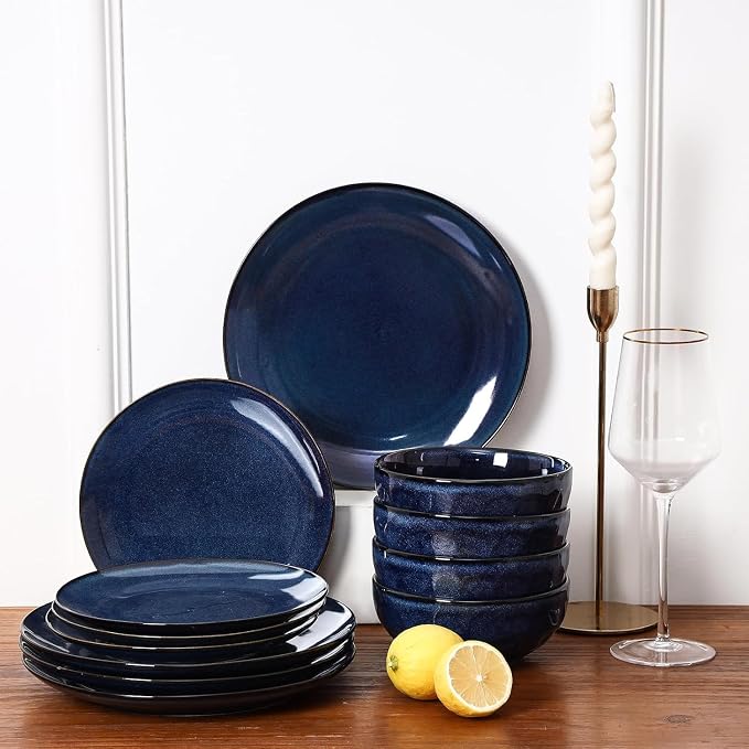 Vicrays 12-Piece Ceramic Dinnerware Set, Dinner Plates, Salad Plates & Cereal Bowls, Dish Set for 4, Microwave, Oven & Dishwasher Safe, Scratch Resistant, Blue