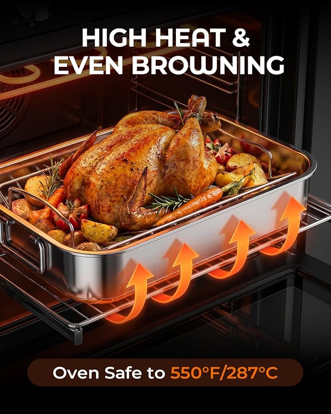 Stainless Steel Roasting Pan with Rack, Heavy-Duty Turkey Roasting Pan for Oven, Includes Two Bakinng Rack Insert, Perfect for Holiday Turkey & Everyday Meal Prep, Fits Up to 12 lbs Turkey