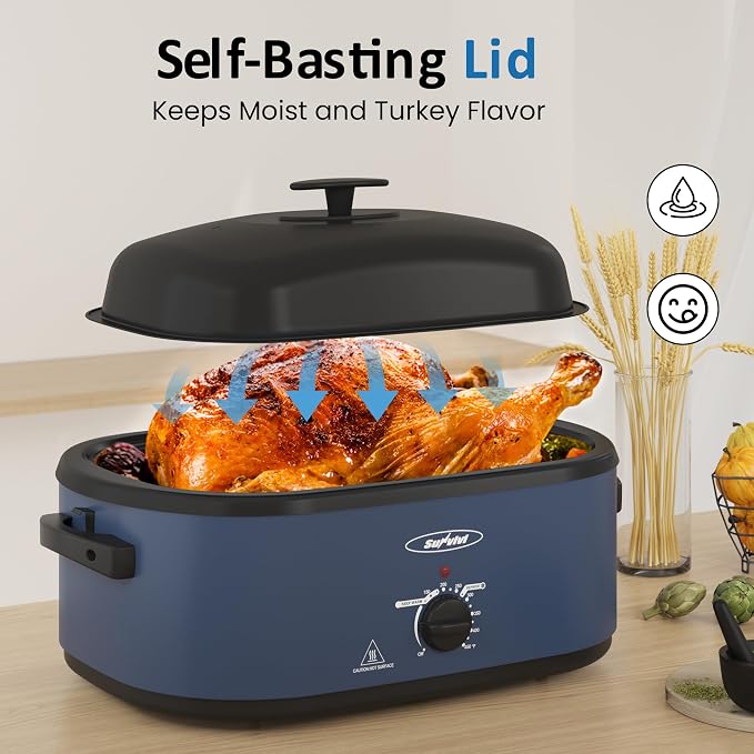 Sunvivi 20QT Roaster Oven, Electric Roaster with 3 Compartments, Turkey Roaster Oven with Self-Basting Lid, Removable Pan & Rack, Defrost & Warm Function, Fit Turkey Up to 24LB, Stainless Steel, Blue