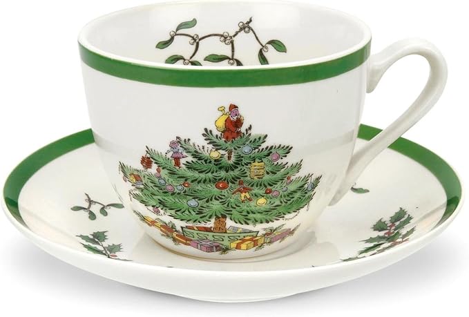 Spode Christmas Tree Teacup & Saucer Set - 7 Oz Earthenware Cup for Tea, Coffee, Cappuccino, Espresso - Holly & Mistletoe Holiday Accents - Holiday Collection Design for Gifting