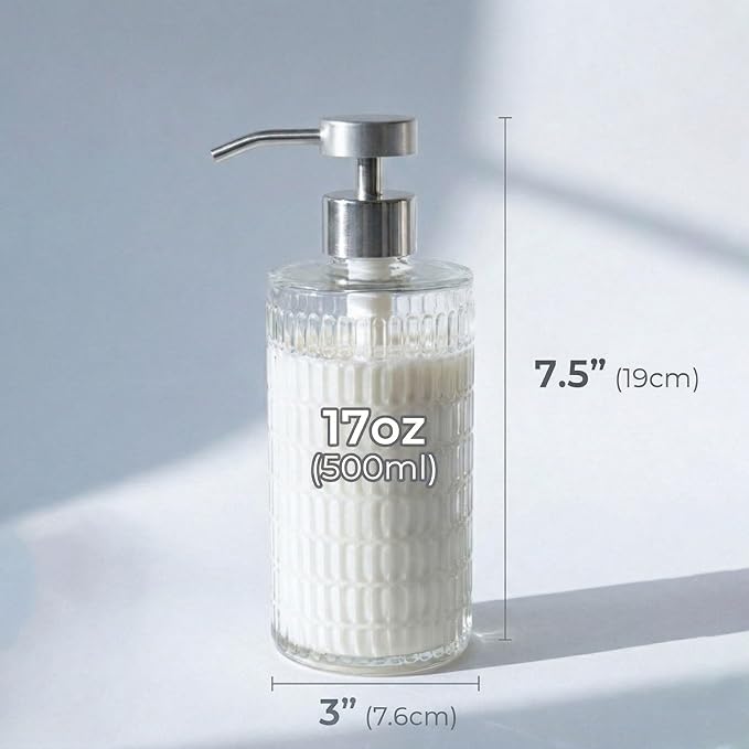 Elegant Fluted Glass Soap Dispenser with Stainless Steel Pump, 17oz Vintage Art Deco Style Clear Ribbed Glass Bottle for Bathroom, Dish Soap Dispenser for Kitchen (Silver Pump)