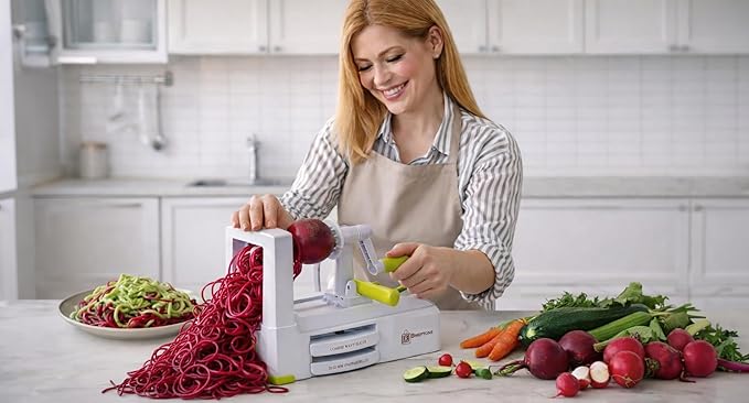 Brieftons 10-Blade Vegetable Spiralizer: Zucchini Spiral Slicer & Veggie Noodle Maker, Japanese Steel Blades, Catch Container, Strong Suction Cup, Blade Caddy, 4 eBooks | Low Carb, Vegan, Gluten-Free
