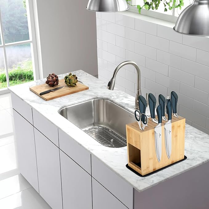Double-Sided Magnetic Knife Holder Rack - Bamboo Wood Storage Stand with Absorbent Protection Pad, Can Hold Up to 26 Knives.