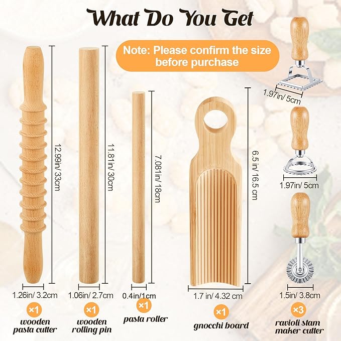 Tioncy 7 Pcs Pasta Making Tool Set Wood Gnocchi Board with Ravioli Stamp Ravioli Maker and Rolling Pin Homemade Gnocco Maker Kitchen Gift for Home Baking Lovers(Curved Gnocchi Board Set)