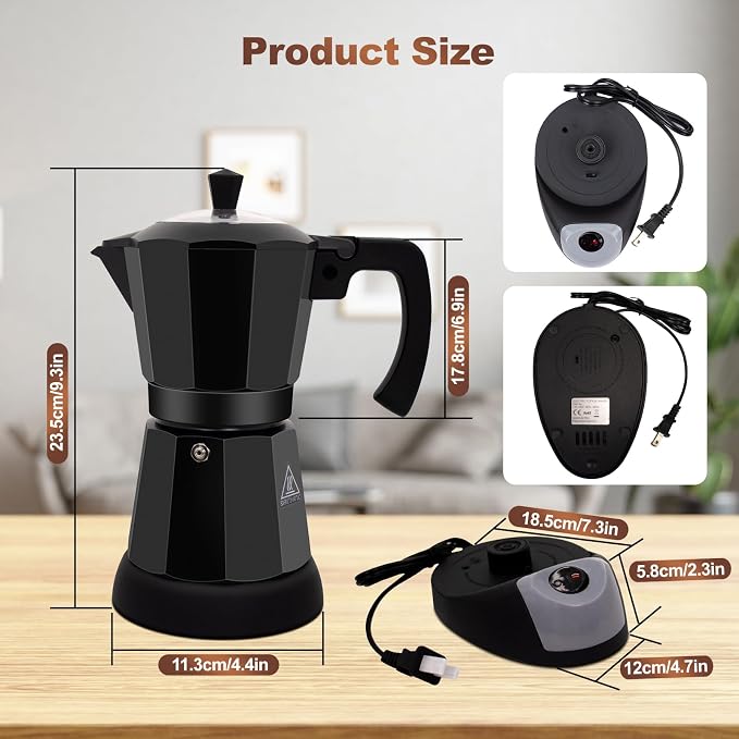 Electric Aluminum Moka Pot 3-6 Cup 150-270ml Espresso Maker with Detachable Base Ideal Coffee Makers for Home MochaPot Italian and Cuban Café Coffeemaker Espressomaker CoffeePot Black