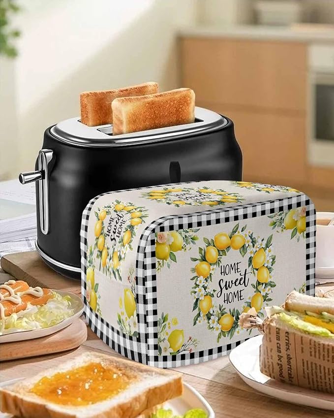 Summer Lemon Toaster Cover 2 Slice, Farmhouse Black Check Dustproof Bakeware Oven Protector with Top Hook, Plaid Vintage Waterproof Small Kitchen Appliance Toasters Dust Cover, 12"x7.5"x8"
