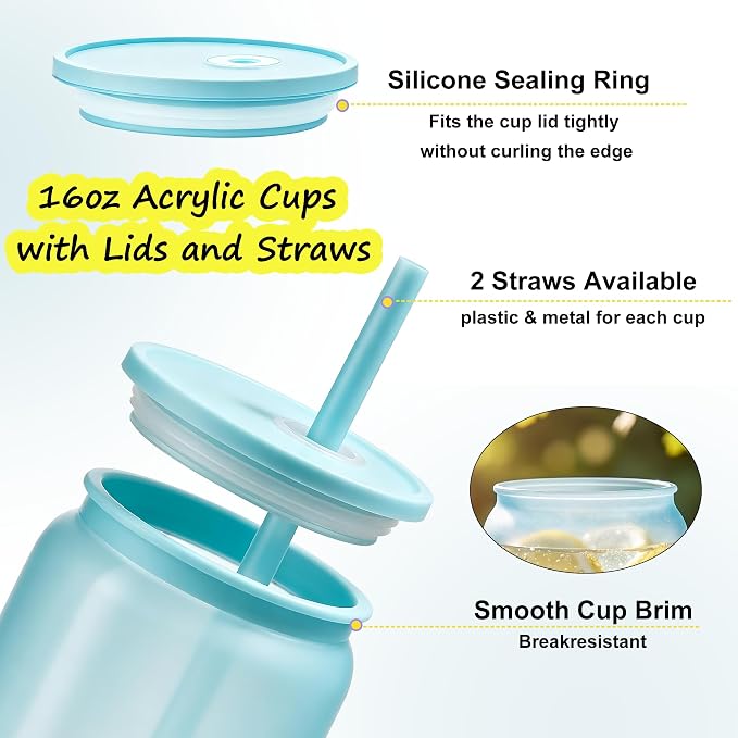 16 oz Plastic Cups Reusable with Lids and Straws & DIY Sticker, 12Pack Acrylic Mason Jars Iced Coffee Drinking Glasses Cup for Park Picnic, Poolside, Party Giveaways, Jelly Color