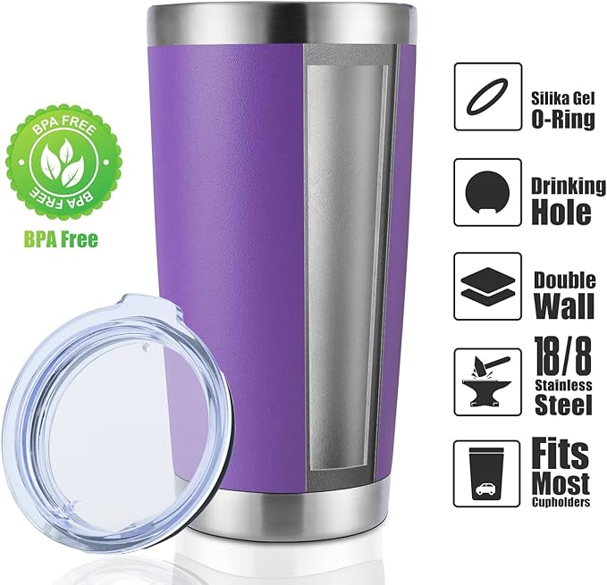 DOMICARE 20oz Stainless Steel Tumbler Bulk with Lid, Double Wall Vacuum Insulated Travel Mug, Powder Coated Coffee Cup, Powder Purple, 12 Pack
