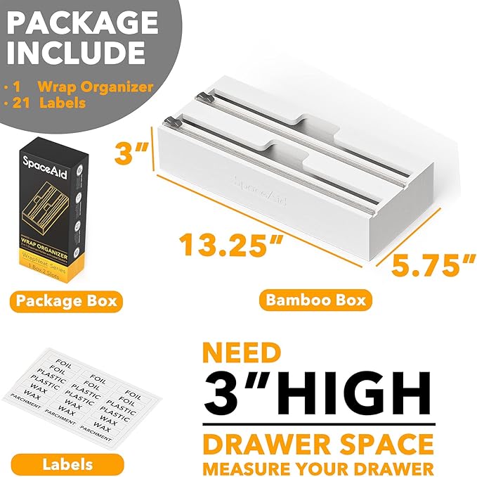 SpaceAid WrapNeat 2 in 1 Wrap Organizer with Cutter and Labels, Plastic Wrap, Aluminum Foil and Wax Bamboo Dispenser for Kitchen Storage Organization Holder for 12" Roll (White)
