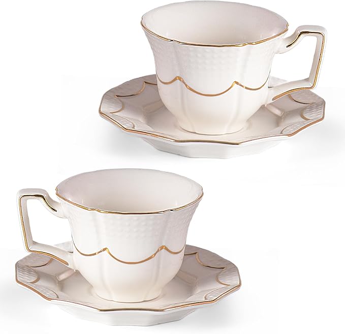 KAMMAK Tea Cups and Saucers Set of 2, 6.4oz Porcelain Coffee Cups with Saucers, Ceramic Espresso Mugs for Coffee, Latte, Americano, Tea, Elegant Teacup and Saucer (YFH12)
