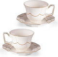 KAMMAK Tea Cups and Saucers Set of 2, 6.4oz Porcelain Coffee Cups with Saucers, Ceramic Espresso Mugs for Coffee, Latte, Americano, Tea, Elegant Teacup and Saucer (YFH12)