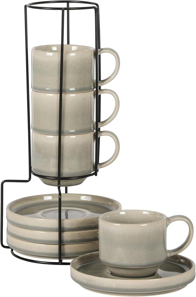 Gibson Elite Sunrise Hills 9-Piece Stackable Stoneware Cup and Saucer Set with Metal Rack, 6 oz, Service for 4, Dishwasher and Microwave Safe, Gray