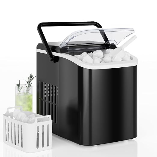DUMOS Countertop Ice Maker with Handle, 26lbs/24H, Makes 9 Bullet Cubes in 6 Mins, Auto-Cleaning, Portable Ice Machine for Home Kitchen RV Camping, Black