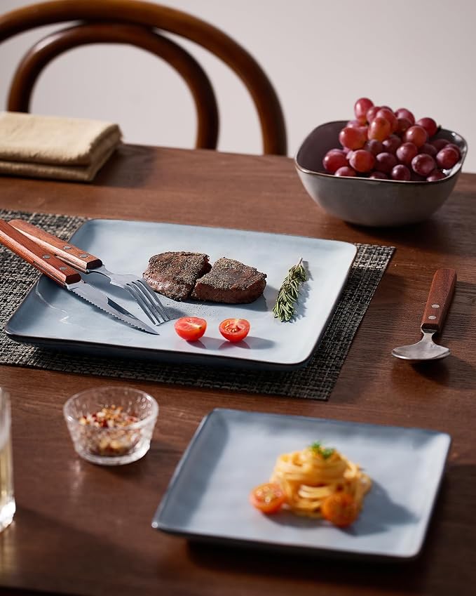 Famiware Ocean Square Plates and Bowls Set, 18 Pieces Stoneware Dinnerware Sets, Dishes Set for 6, Reactive Glaze, Microwave and Dishwasher Safe, Scratch Resistant, Grey