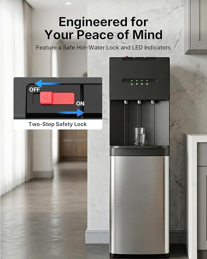 EUHOMY Bottom Loading Water Cooler Dispenser for 5 Gallon Bottle, 3 Temperature Freestanding Hot and Cold Water Dispenser with Stainless Steel Tank & Child Lock for Home Office, Black