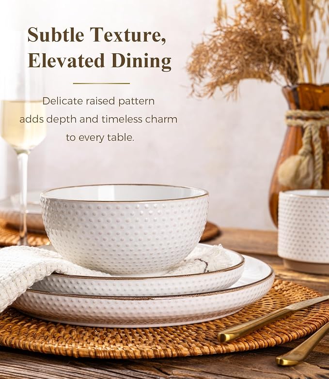 GBHOME Dinnerware Sets for 4, Farmhouse Style Stoneware Plates and Bowls Sets, 12 Pieces Embossed Scratch Resistant Dishes, Dishwasher & Microwave Safe, Off-White