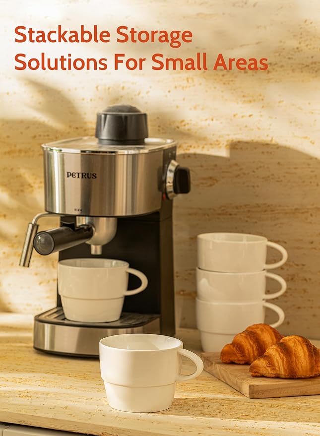 Sweese Porcelain Espresso Cups Set of 6, White Ceramic Espresso Coffee Cups with Handle, 6oz Durable Espresso Coffee Mugs for Home & Cafe