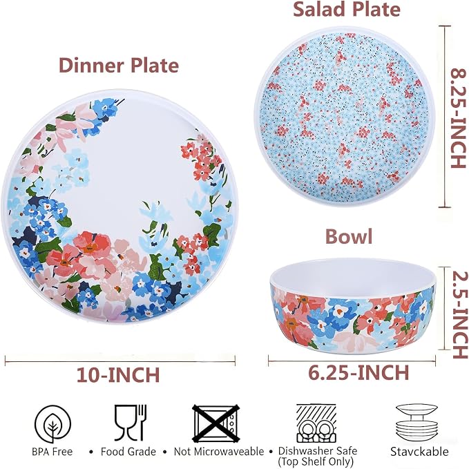12 Pcs Melamine Dinnerware Set for 4, Floral Plates and Bowls Set | Dishwasher Safe&Lightweight Unbreakable Dish Set For Indoor Outdoor RV Camping Picnic,Service for 4