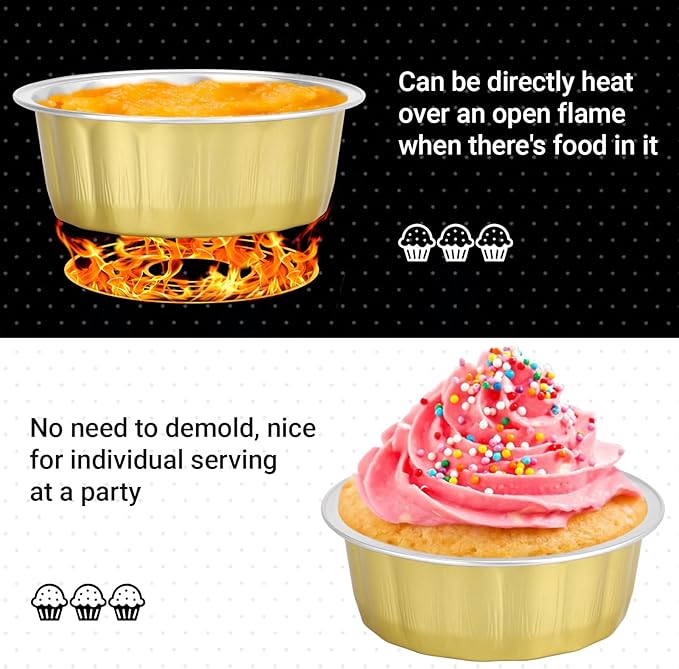 Beasea 8 oz 100 Pack Aluminum Ramekins, Disposable Ramekins Foil Cups Baking 3.9" Ramekin Cup Muffin Cupcake Aluminum Baking Cup Mini Pudding Souffle Cups for Party Wedding Birthday - Gold