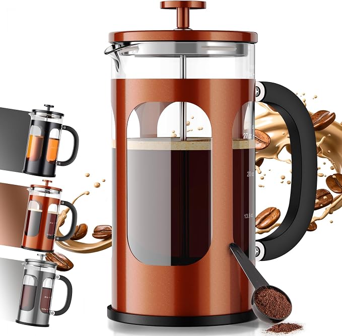 Veken French Press Coffee Maker 34oz 1 L, No Plastic Touching Cafe, Heat Resistant Thickened Borosilicate Glass, Stainless Steel Brewer, Cold Brew Cafetera Teapot for Kitchen Travel Camping, Copper