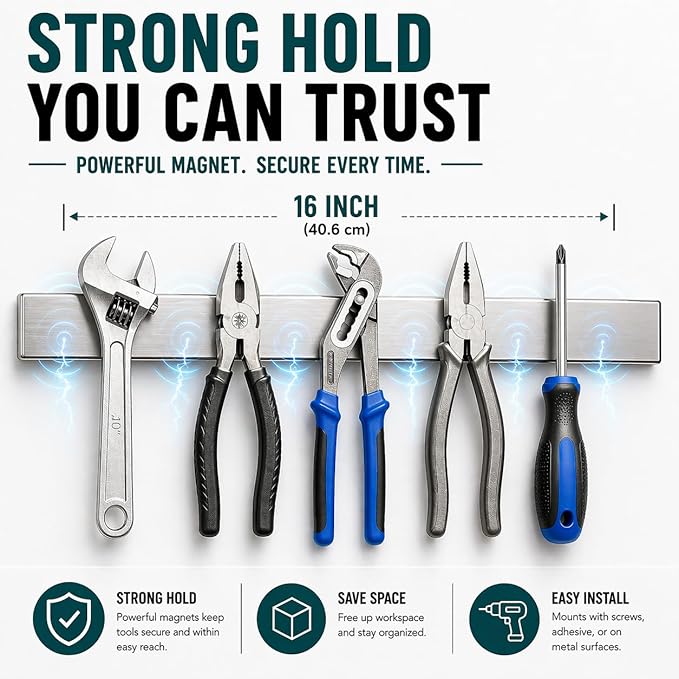 Magnetic Knife Holder 16 Inch Silver – Classic Stainless Steel Strip, Rack & Bar for Wall or Fridge, No Drill Adhesive Kitchen Organizer, Premium Gift by Pampavanna