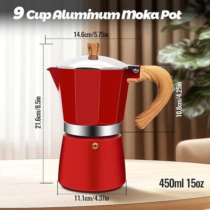 9 Cup Aluminum Moka Pot Classic Stovetop Espresso Coffee Maker 450ml 15oz Coffeemaker Percolator Mocha Pot Greca Coffee Maker Cafe Makers for Italian and Cuban Café Brewing Red