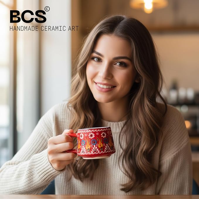 BCS 6 Oz Cappuccino Cups Set of 2, Ceramic Coffee & Tea Mugs, Colorful Handmade Cups, Dishwasher & Microwave Safe Ceramic Mugs (3 Inches, Blue - Red)