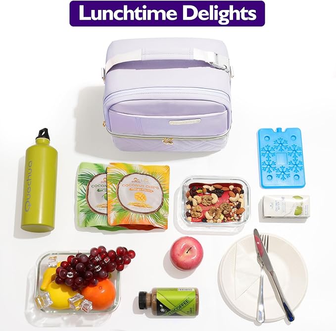 Double Deck Lunch Box Bag Women - Vegan Leather Insulated Waterproof Leakproof Cooler for Work Travel Picnics - Teacher Mothers Day Christmas Birthday Gifts