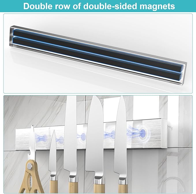 24 Inch Magnetic Knife Holder with Extra Strong Hold, Metal Knife Magnetic Strip for Wall Mount Kitchen RV Storage and Organization, Heavy Duty Magnetic Tool Rack for Tools, Knives Block Utensils