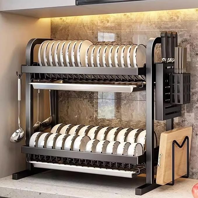 2/3 Tier Kitchen Counter Dish Drying Rack, Carbon Steel Dish Strainers with Drain Tray,Chopsticks Rack,Knife Holder, Over The Sink Dish Racks Storage Rack(W21(2 Tier), Black)