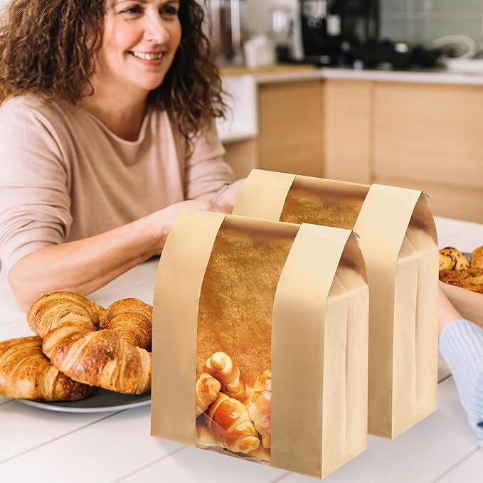 60 Pack Large Kraft Paper Bread Loaf Bag with Tin Tie Tab Lock ，for Homemade Bread Loaf Bags 14" x 8.3" x 3.5"，Sourdough Bread Bags with Clear Front Window for Baked Food Packaging Storage. (60) | 60 Pack Bread Bags, Clear Front Window, Tin Tie Tab Loc...