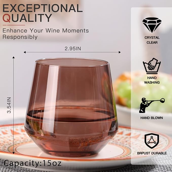 Stemless Wine Glasses Set 6【Hand Blown Colored Wine Glasses Stemless】 15oz Venus Colored Glassware for Wine or Soft Drinks,Unique Wine Gifts for Wedding,Anniversary